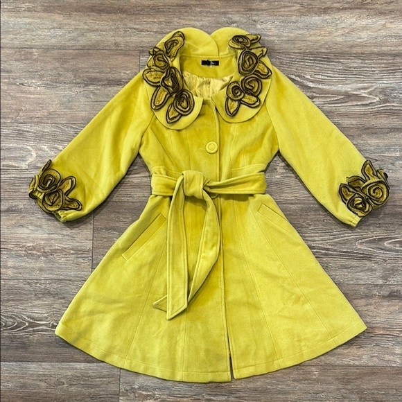 Ryu Women's Size Medium Belted Mustard Yellow Pea Coat - Picture 1 of 13